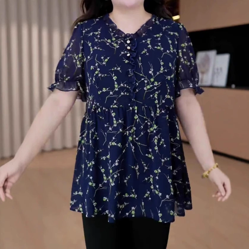 2025 новых летних стильных цветочных легких роскошных шифоновых рубашек с рюшами, утягивающих и скрывающих фигуру, с короткими рукавами для женщин больших размеров