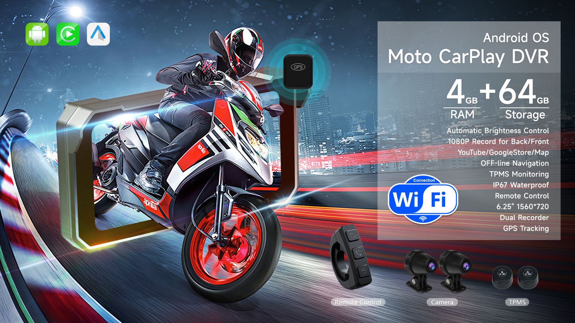 Cross-Border Customized Motorcycle Dashcam with High-Definition Dual Recording and Carplay Navigation