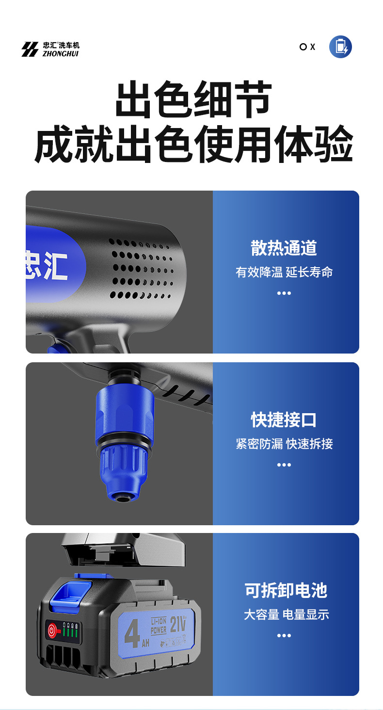 Customized high-pressure car wash water gun, lithium battery cordless car washer, household tool, high-power specialized water gun