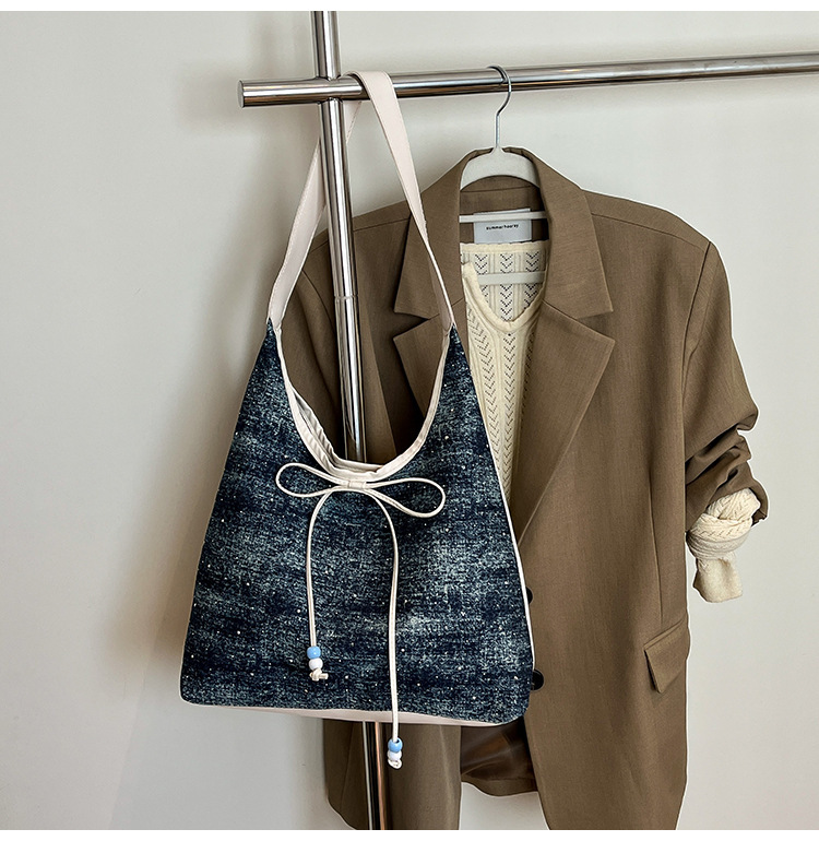 615g Weight String Closure Type Single Shoulder Strap Strap Type Shoulder Bag Bags Type Casual, Holiday Occasion Denim Material Sequins Pattern All Seasons Season Women's Gender Elegant, Streetwear Style Dumpling Shape Shape Women's Denim Sequins Elegant Streetwear Dumpling Shape String Shoulder Bag 10