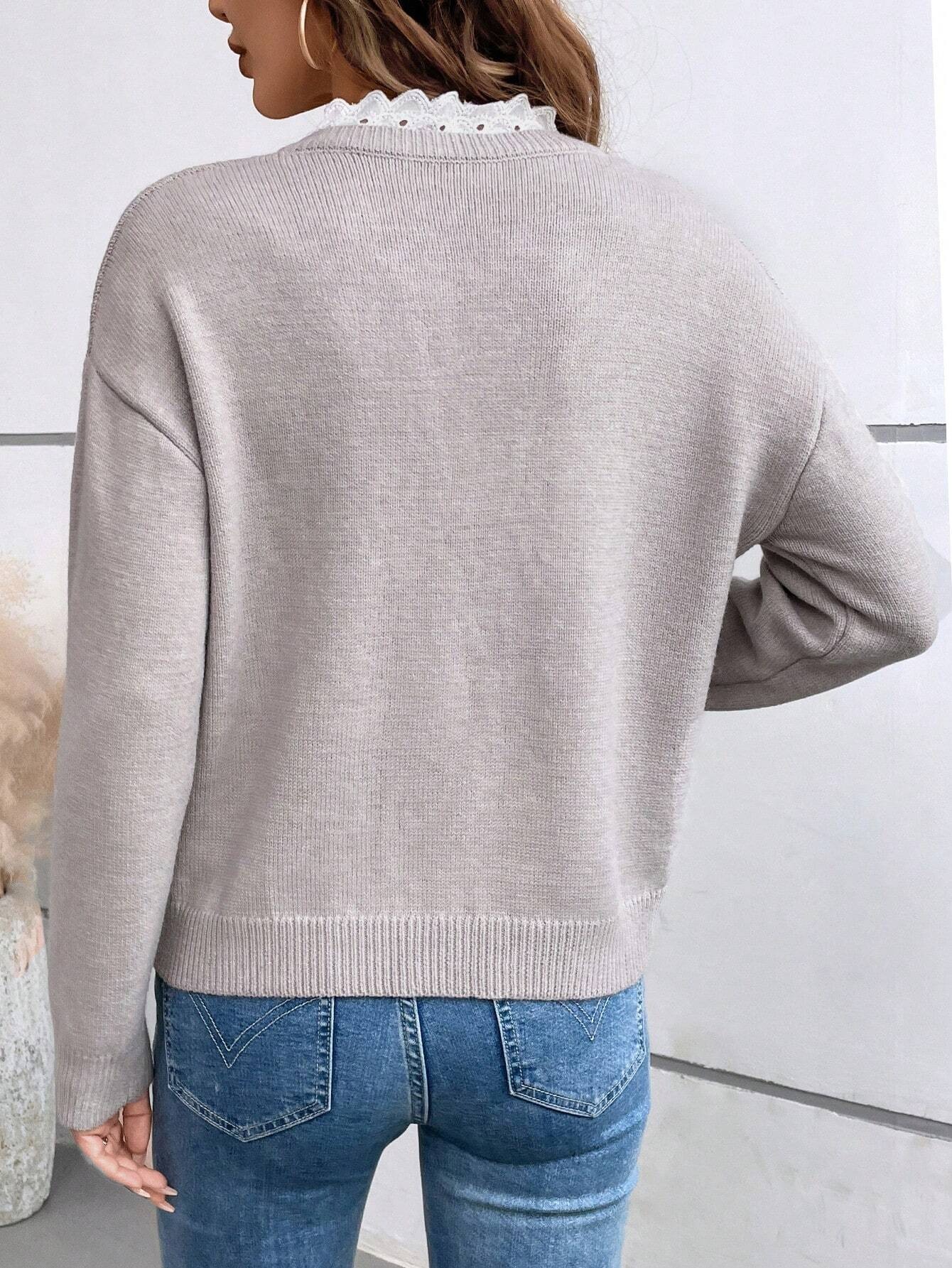 Damen Strickpullover Mit V-ausschnitt Und Spitzenbesatz Langarm_voghion.com