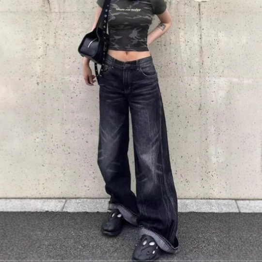 美式复古黑色阔腿牛仔裤女秋冬新款小众设计感直筒宽松拖地裤子潮