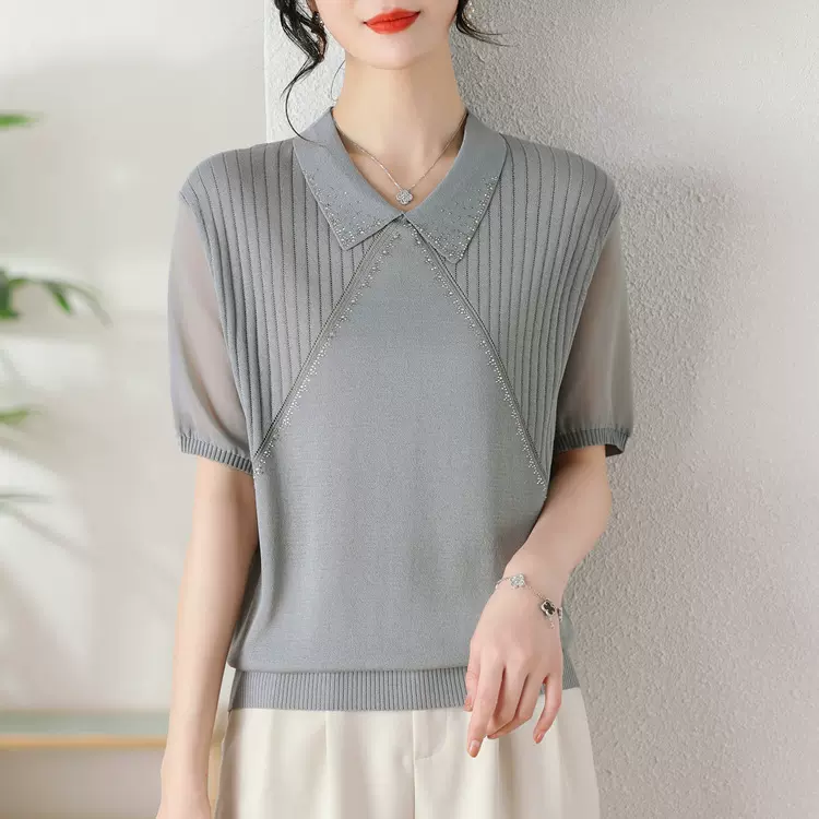 妈妈款针织衫短袖2024春夏翻领显瘦宽松上衣温柔轻薄时尚百搭内搭