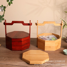 中式八角中秋礼盒糕点食盒竹木黑胡桃沙比利红花梨提梁实木盒礼品