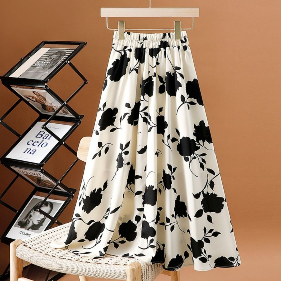 Spring and Autumn New Floral Skirt Women's A-Line Skirt Printed Mid-Length Skirt Umbrella Skirt High Waist Slimming Skirt