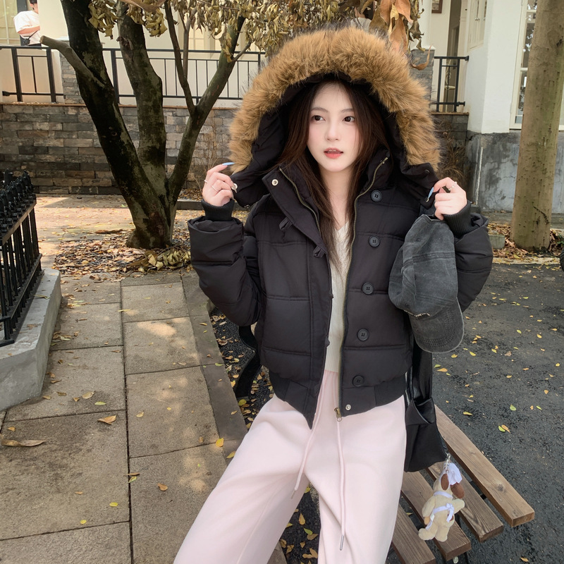 外贸2025冬季新款连帽棉衣棉服显瘦韩版洋气简约大毛领短款外套女|undefined