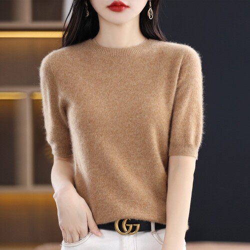 Knit Short Sleeve Thin Women's T-Shirt 2025 Spring and Autumn Half Sleeve Wool Base Shirt Round Neck Medium Sleeve Loose Wholesale