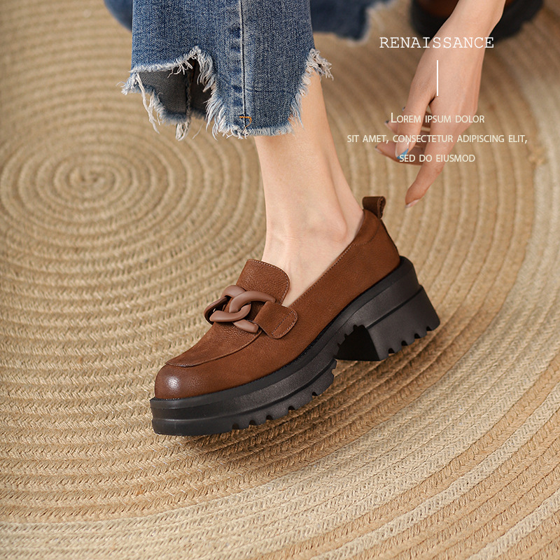 清仓新款厚底复古链条小皮鞋女粗跟松糕底乐福鞋英伦擦色懒人单鞋