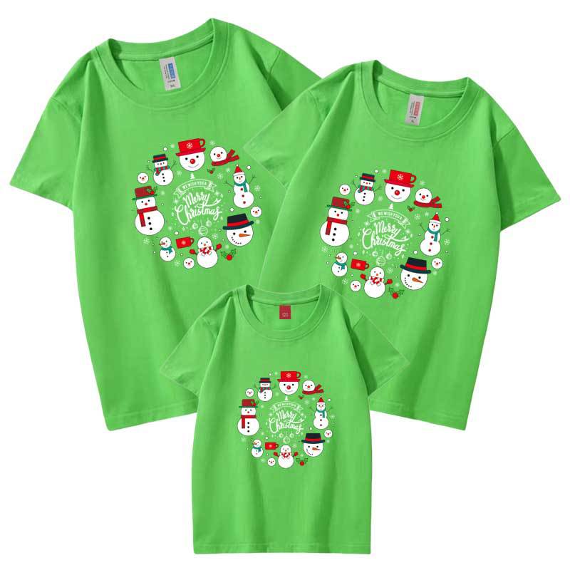 2022 círculo muñeco de nieve Feliz Navidad padre-hijo Camiseta de manga corta al por mayor verano algodón refinado ropa para niños bienes transfronterizos europeos y americanos