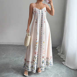 欧美跨境源头工厂优雅漂亮的花朵图案特色细肩带无袖女时尚连衣裙