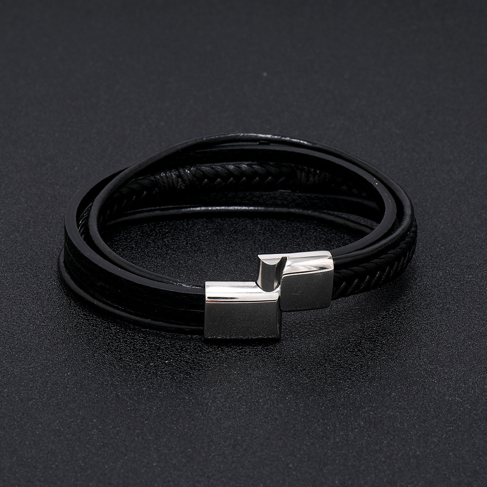 Multi Layer Leather Woven Bracelet Magnetic Buckle For Men_voghion.com