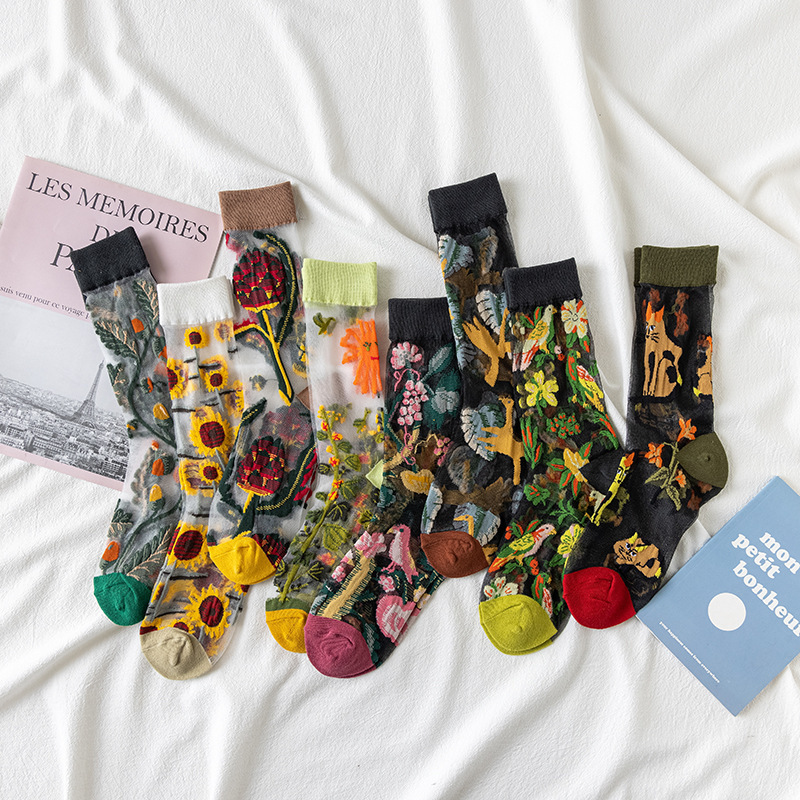 Summer new thin glass silk tide socks European and American Forest Flower socks breathable card Silk women's socks Zhuji wholesale