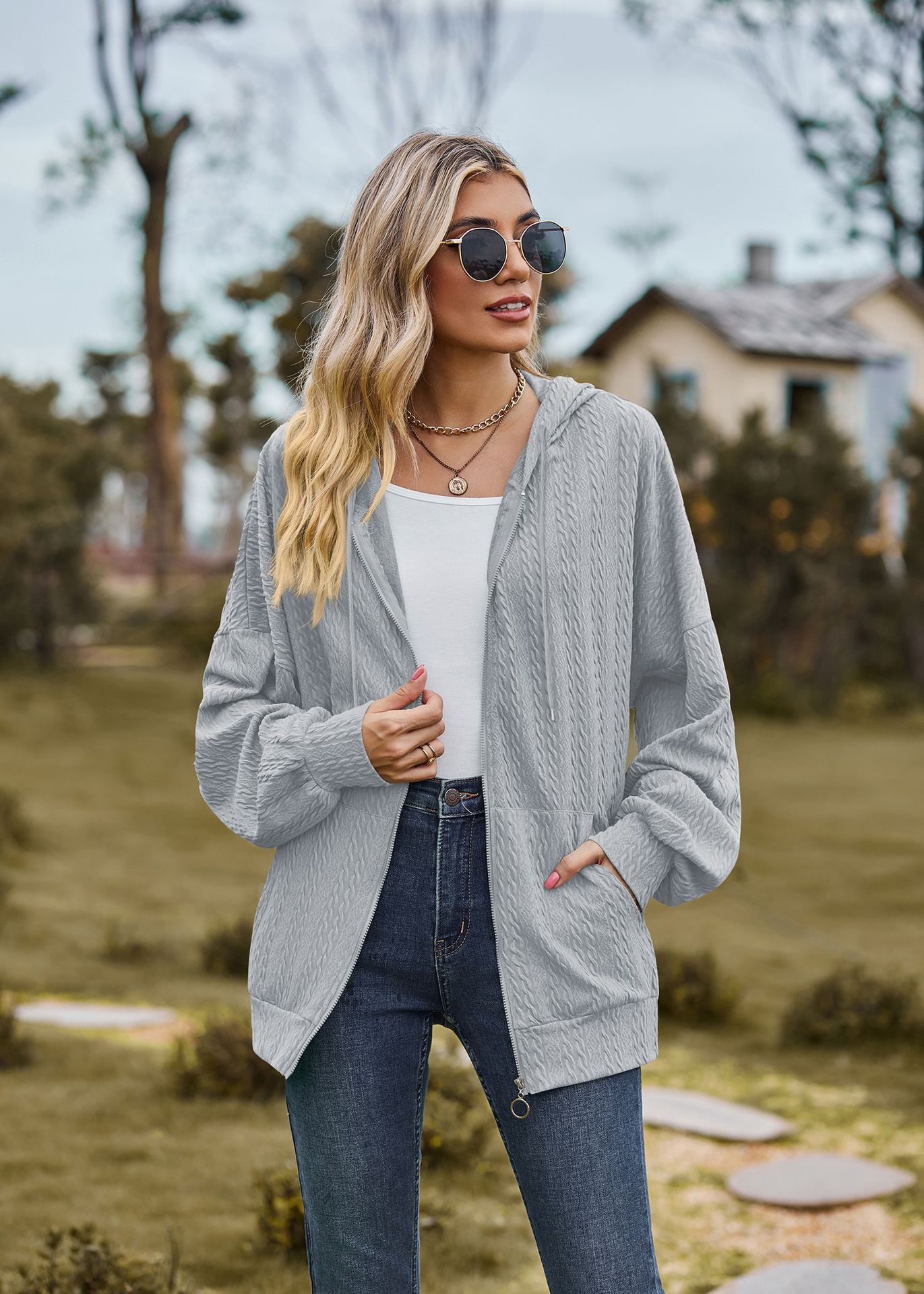 Pull Femme Grosse Maille à Capuche - Cardigan Doudou Zippé - Chaud Et Doux Pour L'hiver - Couleur Unie