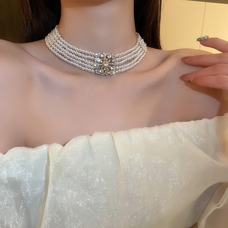 ダイヤモンド楕円二重バロック真珠ネックレス女性フランスレトロ気質鎖骨チェーンファッション高級感アクセサリー|undefined