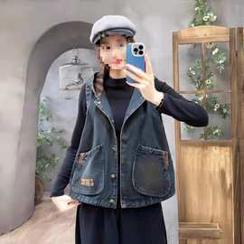 连帽牛仔马甲女春秋复古印花大口袋显瘦背心休闲短款开衫上衣外套