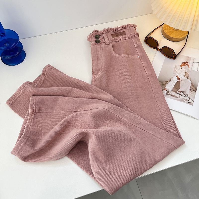 Women's Clothing Narrow wide leg pants for women autumn and winter dirty pink new high waist slim hot style mopping plus velvet straight jeans_voghion.com