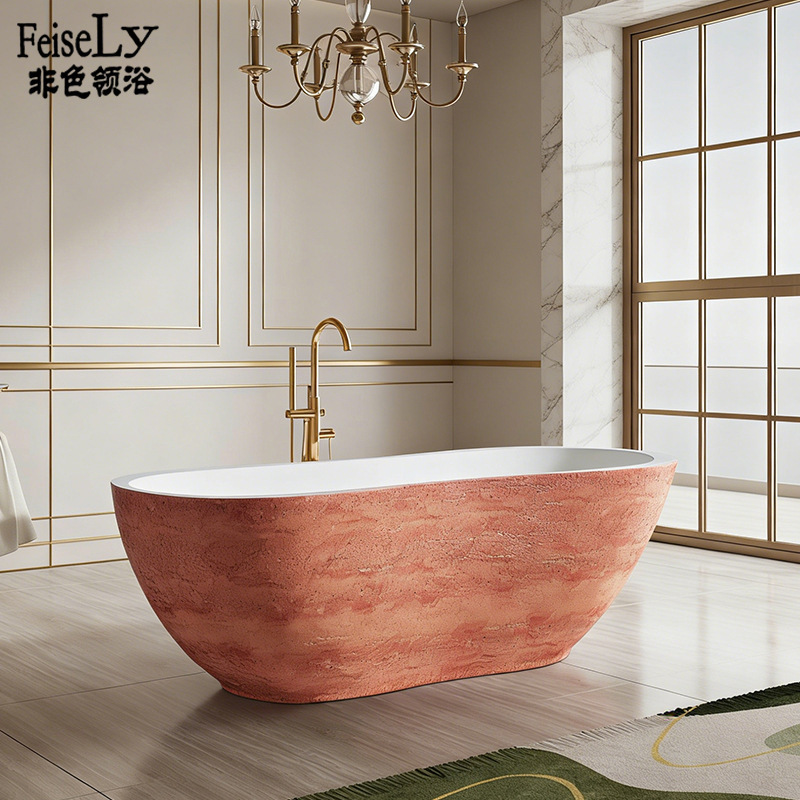 Designer-Designed Solid Carved Yellow Travertine Bathtub, Natural Stone Surface Smooth and Polished, Suitable for Export, Freestanding Bathtub