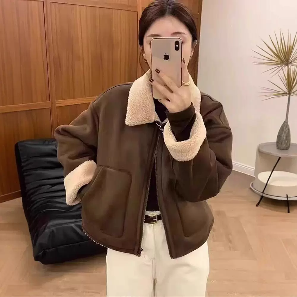 皮毛一体加厚羊羔毛外套女冬季设计感美式复古保暖短款翻领机车服