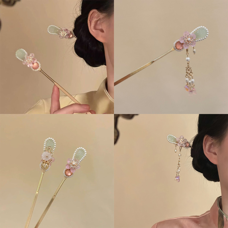 灼灼桃夭~新中式冰透粉色金色花朵流苏发簪女温柔气质高级感发饰