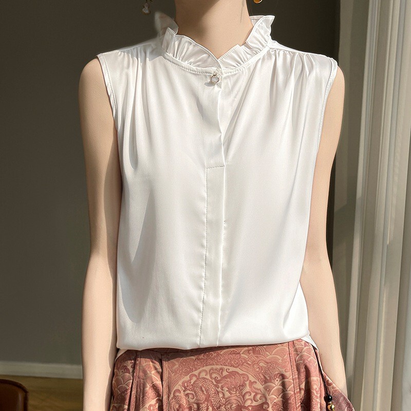Lace Collar Sleeveless Shirt for Women, White One-Button Vest, Silky Satin, Slim Fit for Work, Summer Thin Style, Elegant Women's Clothing