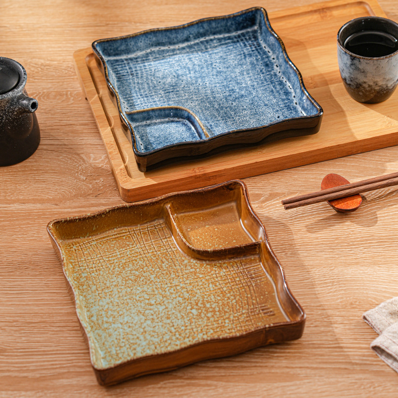 Japanese Retro Personalized Bowls and Plates Hotel Tableware Combination Kiln-Turned Ceramic Western Dinner Plate Sushi Plate Steak Plate Set