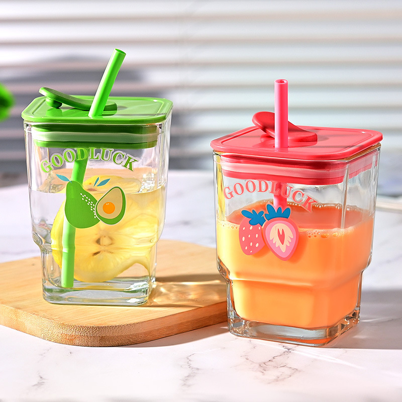 可爱玻璃吸管杯豆浆牛奶随行杯四方燕麦杯可印字logo高颜值密封罐