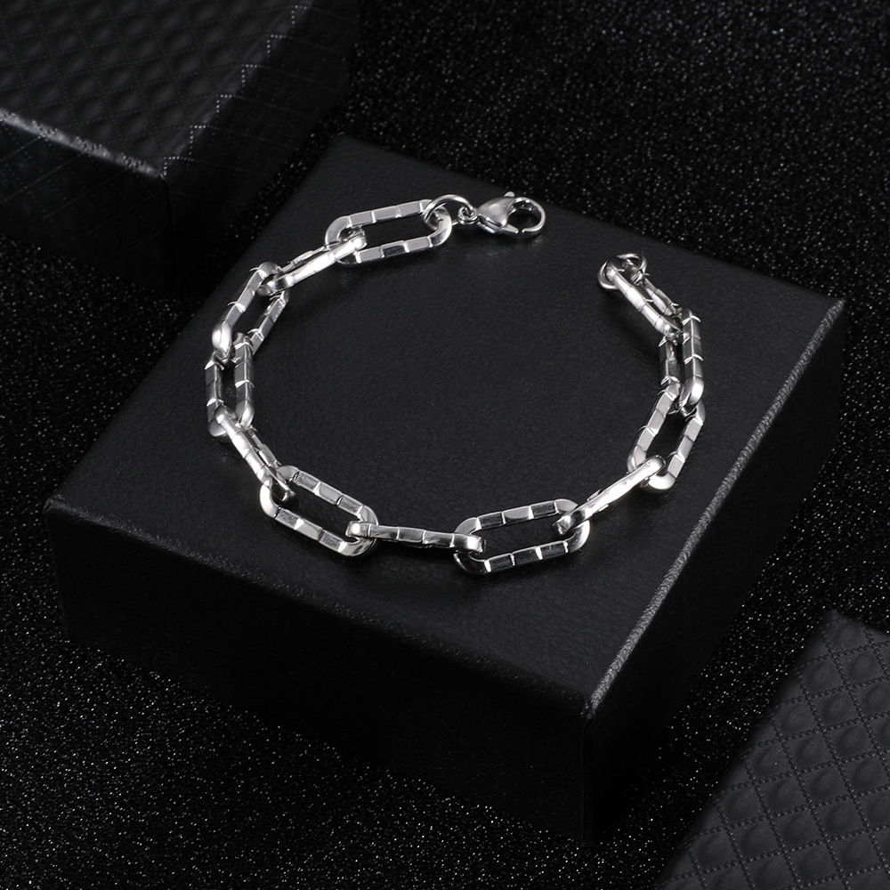 Men's Hip-Hop Cuban Bracelet, European and American Retro Literary Style, Trendy Men's Square Chain, Long Chain, Non-Fading Style Chain