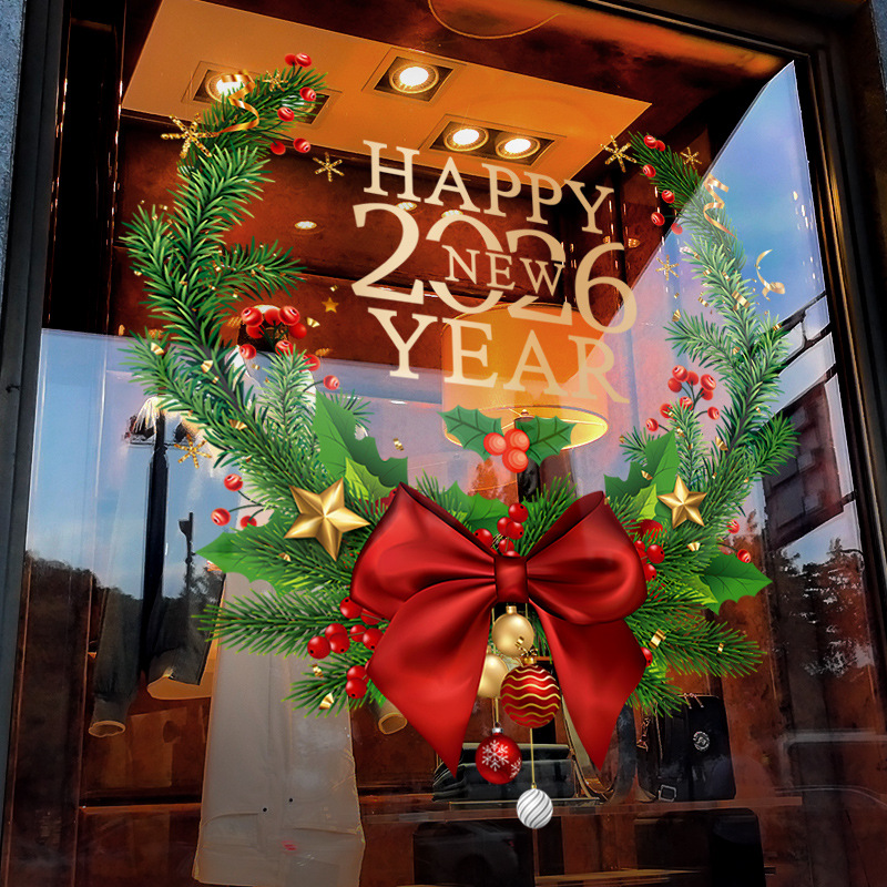 圣诞节装饰花环窗贴新年氛围布置门贴元旦店铺橱窗静电玻璃贴纸