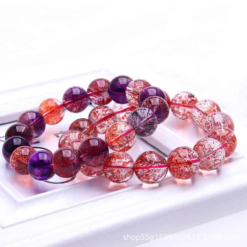 Natural Super Seven Purple Hair Crystal Bracelet Female Male Three-round Backbone Crystal Single Circle Multi-circle Bracelet Golden Strawberry Crystal Jewelry