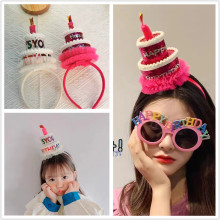 创意儿童生日蛋糕发箍宝宝周岁双层生日蜡烛蛋糕派对拍照头饰头纱