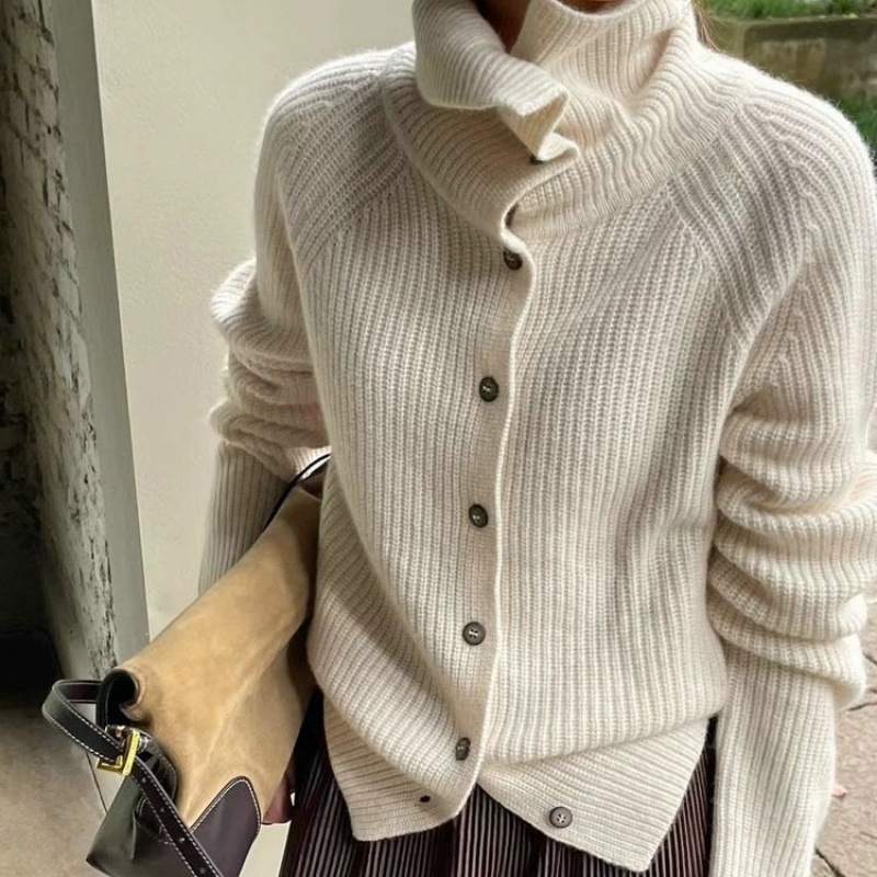 European Retro Design Fine Ribbed Sweater, Lazy Style Single-Breasted Loose Solid Color Knit Cardigan Women's Fashion