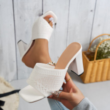飞织高跟拖鞋女2025夏季新款韩版时尚方头粗跟高跟懒人露趾凉拖潮