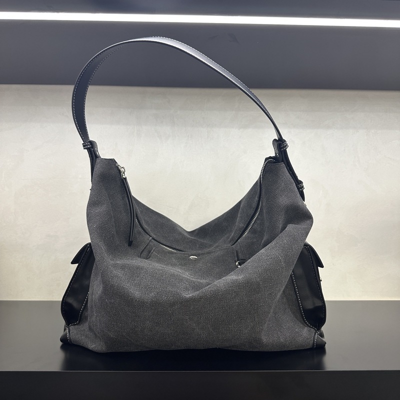 山下同スタイルのレディースバッグ、ファッショナブルなキャンバスとレザーのダブルポケットデザイン、シングルショルダー脇の下の大容量レディースバッグ|undefined