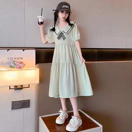 女童夏季连衣裙2025新款娃娃领长裙中大童学院风裙子初中生雪纺裙