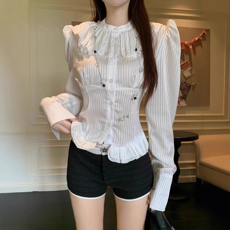 小香风条纹长袖衬衫女叠穿马甲秋季202新款显瘦休闲裤短裤三件套|undefined