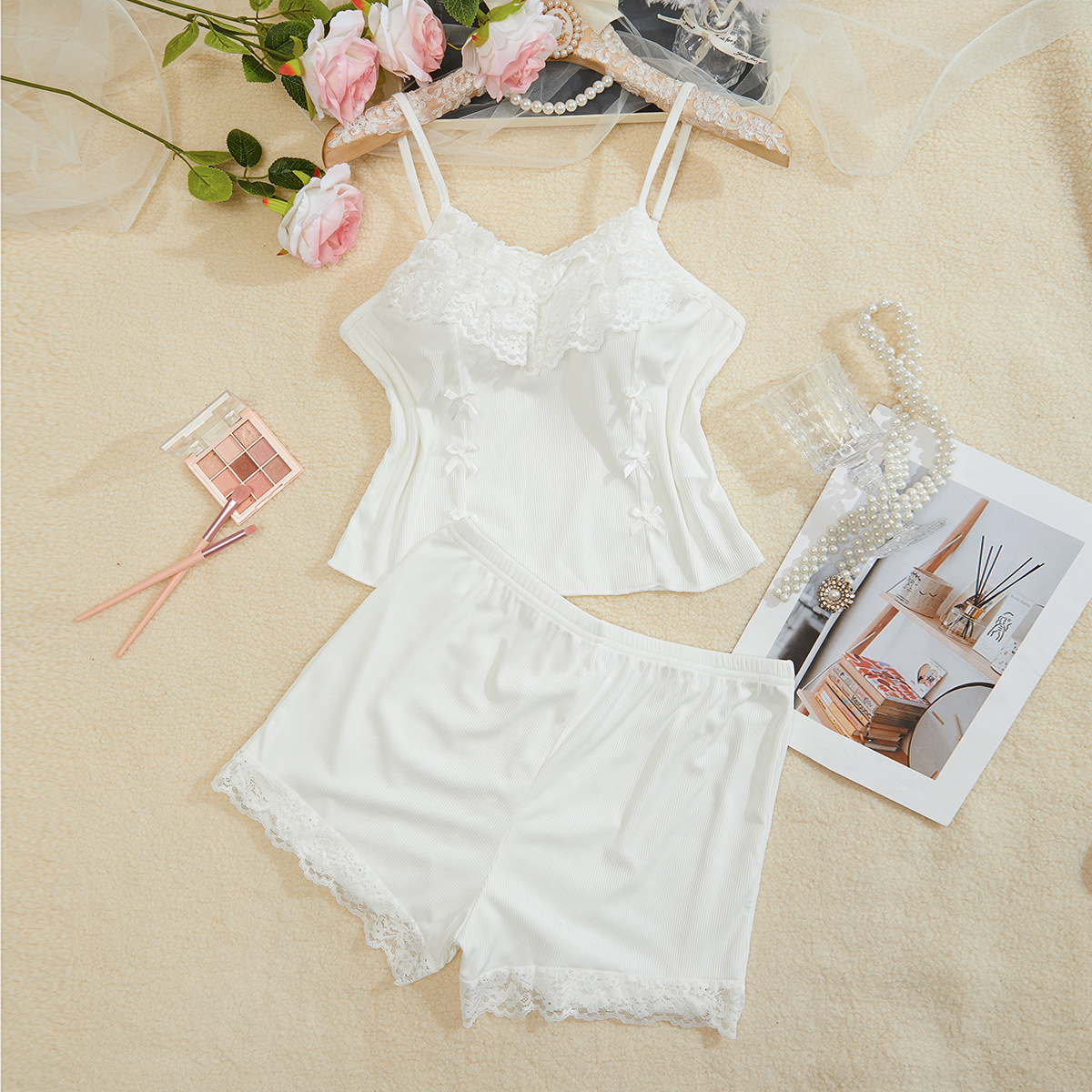 Cross-Border Sexy Lingerie Factory Sexy Lace Stitching Bow Embellished Soft and Comfortable Women's Home Wear Set