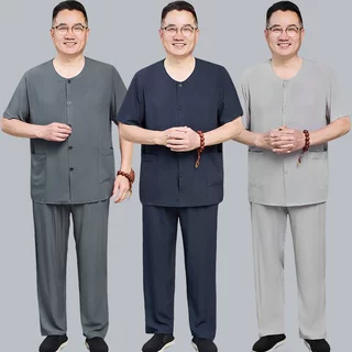 男士棉绸开衫套装中老年宽松加大码睡衣夏天薄款短袖长裤家居服