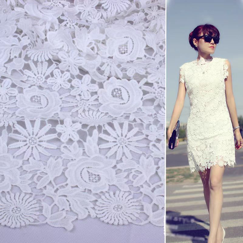 新款重工加密镂空立体玫瑰花水溶蕾丝面料婚纱礼服连衣裙布料
