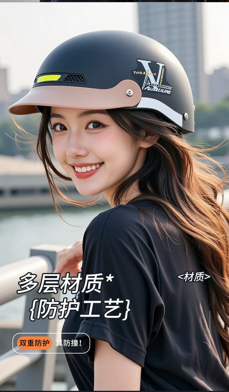 Women's Summer Breathable Sun-Protective Electric Vehicle Half-Helmet with UV-Resistant Sunglasses and Large Visor, Safety Helmet for Motorcycles and Electric Vehicles