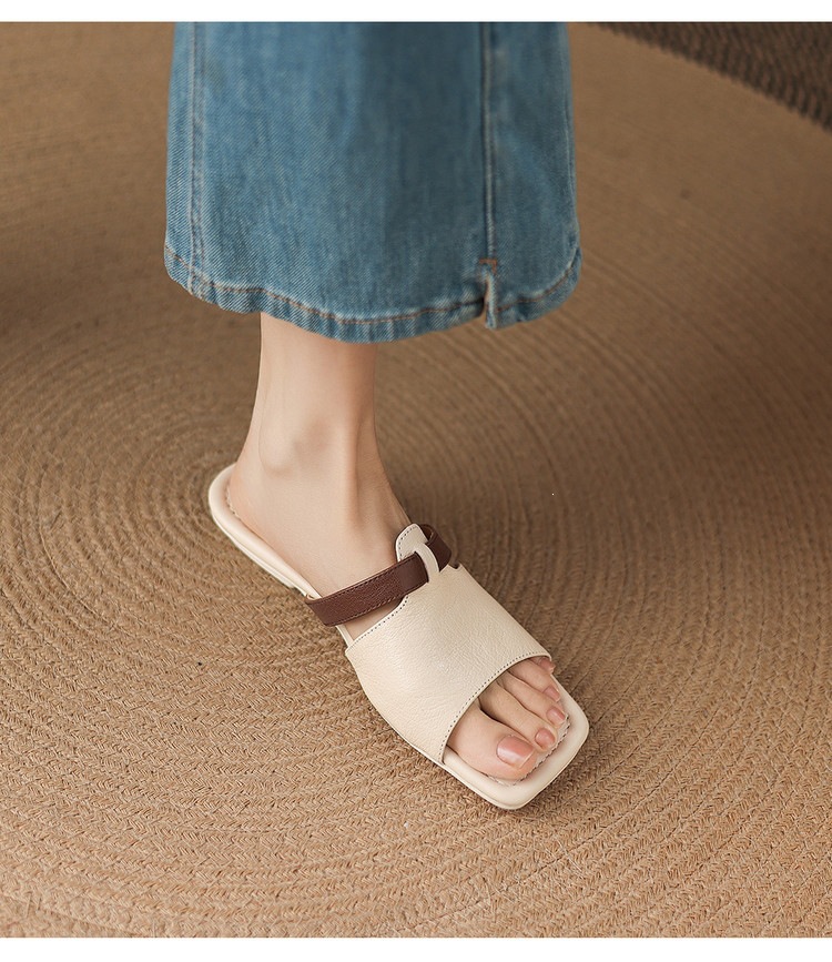 Dép sandal nữ xỏ ngón đế bệt phối màu hở mũi thời trang — màu trắng ngà, màu mơ chi tiết 15