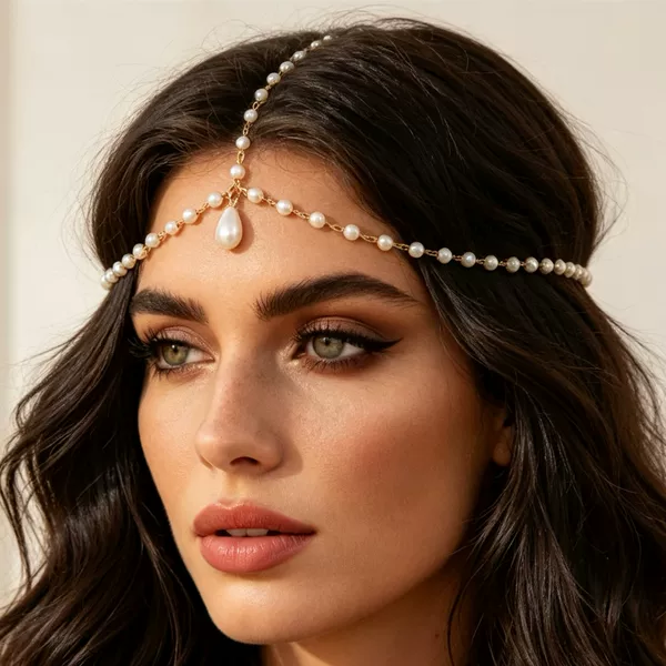 European and American fashion hair accessories, simple teardrop-shaped pearl pendant, exotic headpiece, versatile pearl head chain