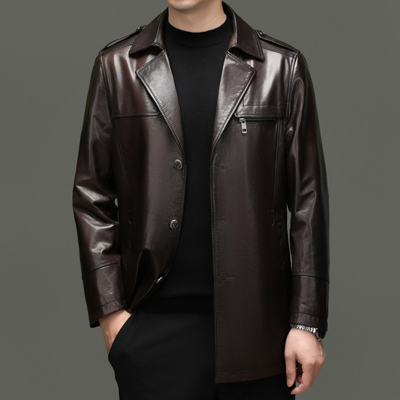 新款海宁真皮皮衣男山羊皮中长款皮风衣西装领皮夹克大衣外套男装