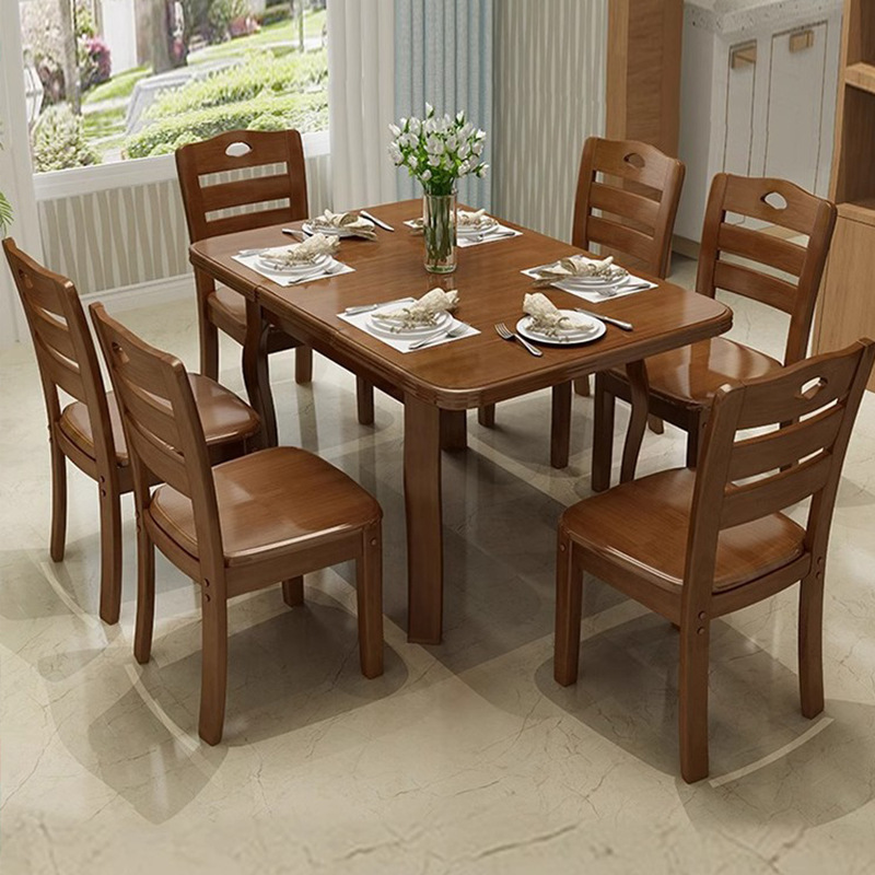實木餐桌椅組合可伸縮家用小戶型長方形餐桌椅現代簡約吃飯桌子