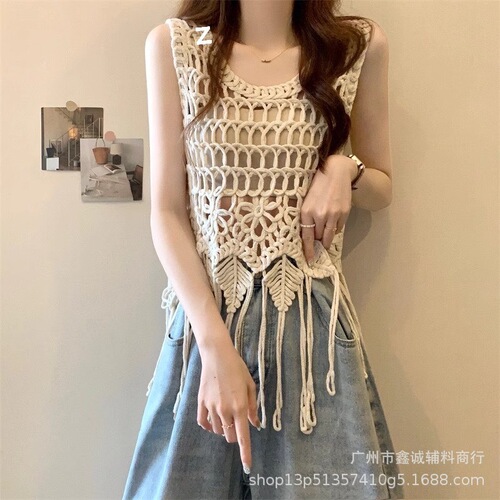 Bohemian Ethnic Style Hooded Top Women's Summer Knitted Outerwear Sleeveless Crochet Cardigan Fringe Mesh Lace Hollow Out Top 