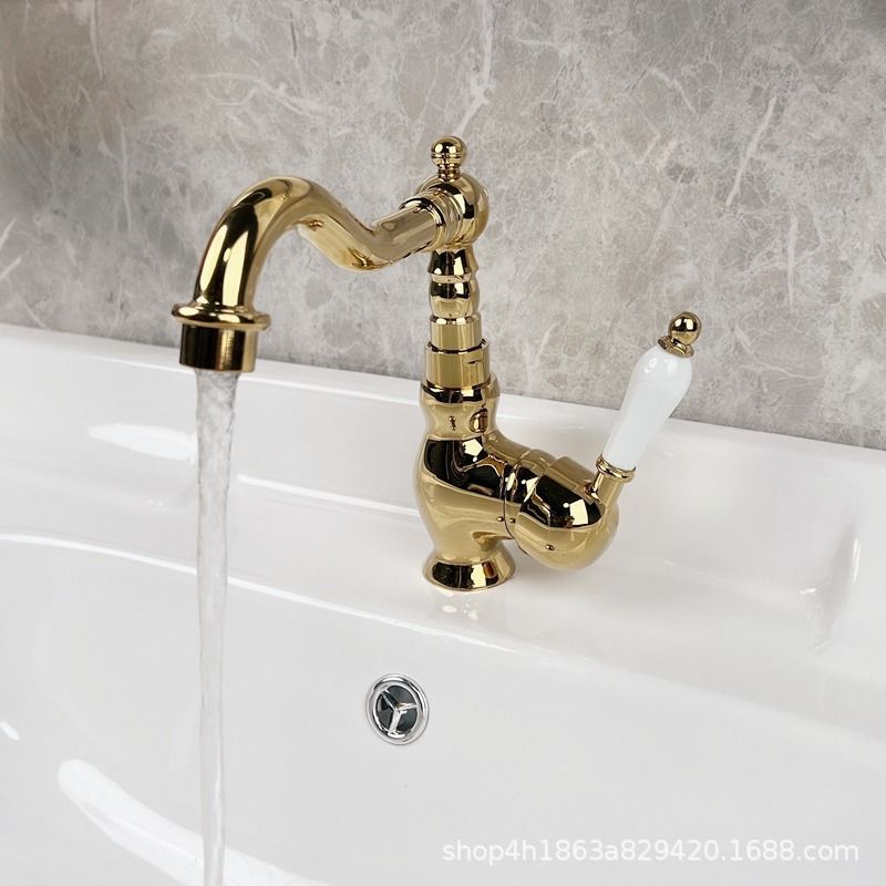 Grifos retro franceses de latón lavabo lavabo grifo de baño clásico mango de cerámica de oro cabeza de agua caliente y fría