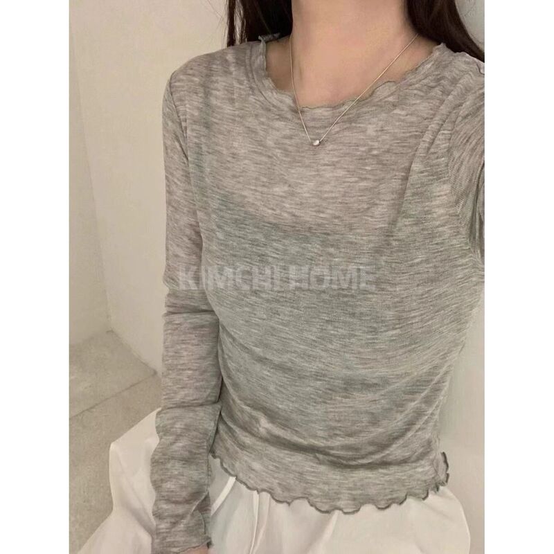 Spring and Autumn New Sweet Milk-Flavored Thin Semi-Transparent Ruffled Round Neck Layered Long-Sleeve T-Shirt for Women