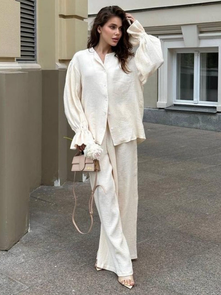 Bộ cardigan dài tay + quần ống rộng tay đèn lồng chất liệu cotton — màu hồng, màu đen, quả mơ chi tiết 16