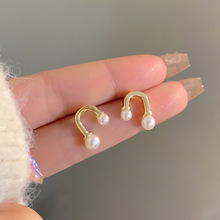 S925银针韩国时尚几何珍珠耳钉金属质感耳环创意个性小巧耳饰6165