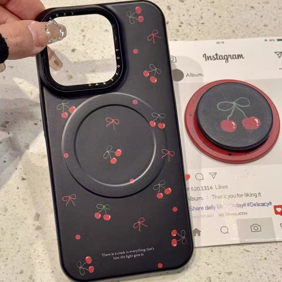 Ins coreanos con lazo de cereza negro para iphone15/14 funda para teléfono móvil Apple 16ProMax femenino 13 duro