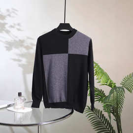 新款山羊绒毛衣男士圆领拼色打底秋冬季潮流休闲针织衫t恤男衫